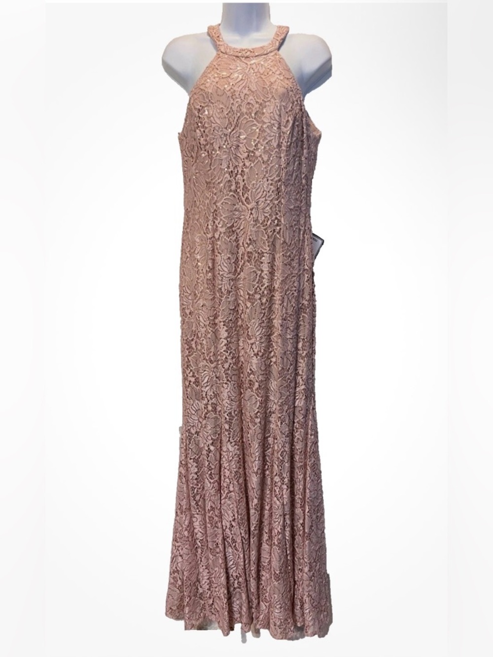 NW NIGHTWAY SIZE 8 ROSE GOLD Blush Lace Halter SEQUIN MESH LINED PROM GOWN NEW